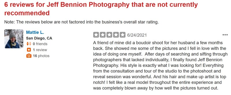 Screenshot of a five-star review for Jeff Bennion Photography from a San Diego client named Mattie L.