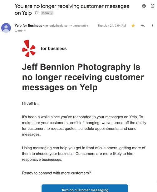 Screenshot of a Yelp notification stating that Jeff Bennion Photography is no longer receiving customer messages.