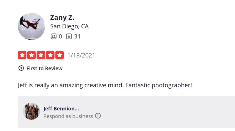 Screenshot of a five-star review on a review platform praising a photographer named Jeff.