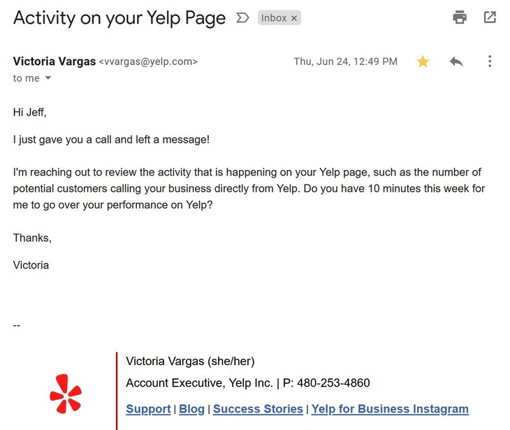 Screenshot of an email from Yelp about business page activity and customer engagement metrics.