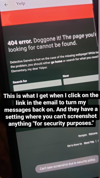 Screenshot showing a 404 error page with a security setting notification about screenshot restrictions.