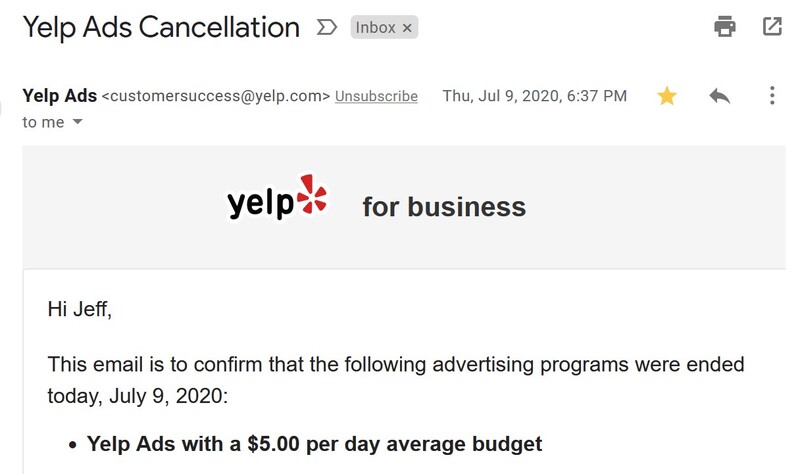 Screenshot of a Yelp Ads cancellation email confirming the end of advertising programs.