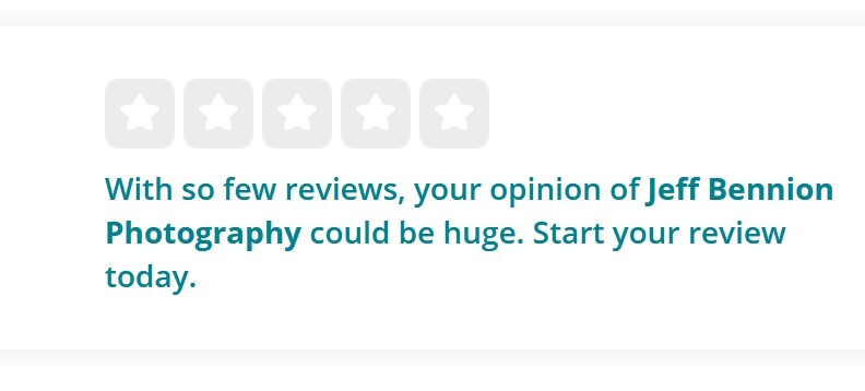 Screenshot of review prompt for Jeff Bennion Photography with five empty star rating icons.