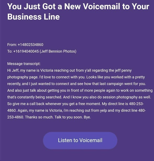 Screenshot of a voicemail notification displayed on a purple background.