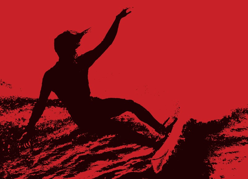 Silhouette of a person mid-jump against a solid red background with dramatic splatter effects.