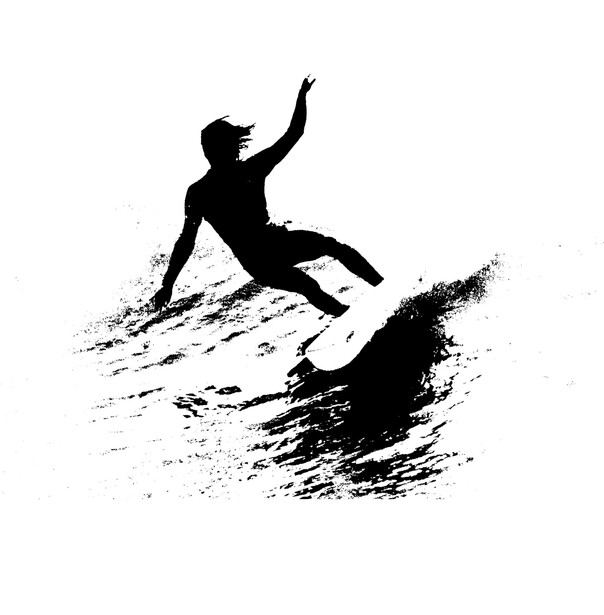 Silhouette illustration of a surfer riding a wave with dynamic brush stroke effects.