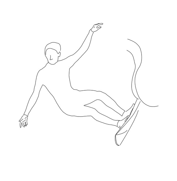 Line drawing illustration of a person in mid-jump with one arm raised and legs extended.