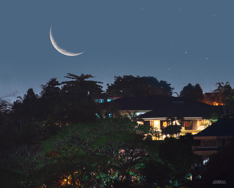 Crescent moon and stars above illuminated houses nestled among dark trees at night.