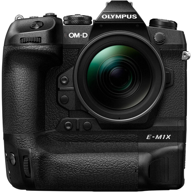 Olympus OM-D E-M1X mirrorless camera with attached telephoto lens and battery grip.