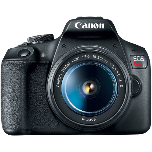 Canon EOS Rebel T7 DSLR camera with Canon EF-S 18-55mm f/3.5-5.6 lens attached.