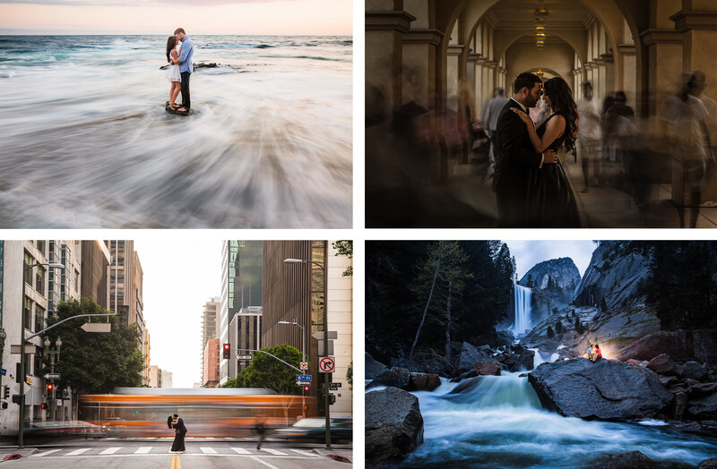 Four wedding and engagement photography examples showcasing diverse locations and lighting techniques.