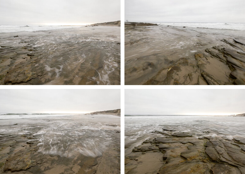 Four-panel comparison of a tidal flat shoreline showing varying water coverage and exposed sediment patterns.