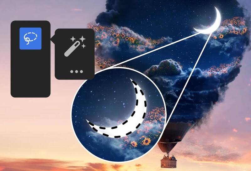 Illustration of smartphone app interface with editing tools overlaid on a surreal celestial landscape.