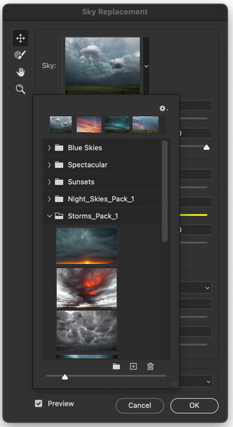 Screenshot of a Sky Replacement dialog box in photo editing software with layer panels and preview images.