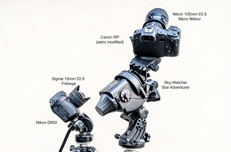 Equipment setup showing Nikon D850 camera body with Sigma 15mm fisheye lens and Sky-Watcher Star Adventurer mount, alongside Canon RP and Nikon 105mm macro lens.