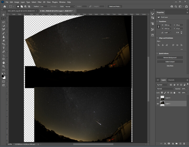 Screenshot of Photoshop showing two night sky photos with a meteor streak stacked vertically for comparison.