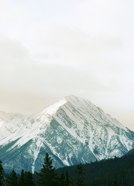 Snow-covered mountain peak with forested lower slopes under overcast sky.