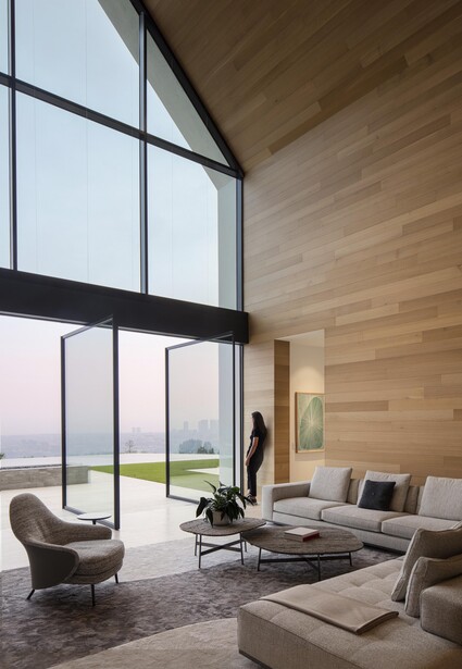 Modern minimalist living room with floor-to-ceiling windows, wooden accent walls, and contemporary furniture overlooking a landscape.