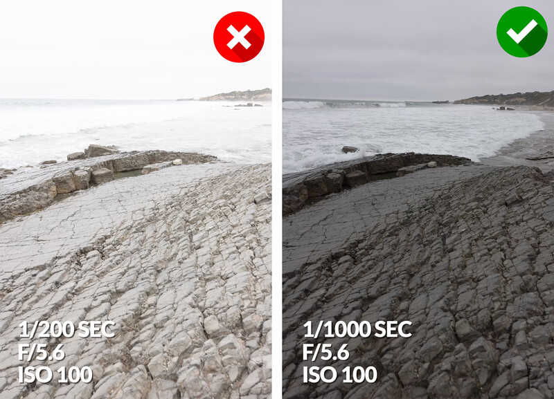 Side-by-side comparison of beach photography exposure settings showing underexposed and properly exposed versions.