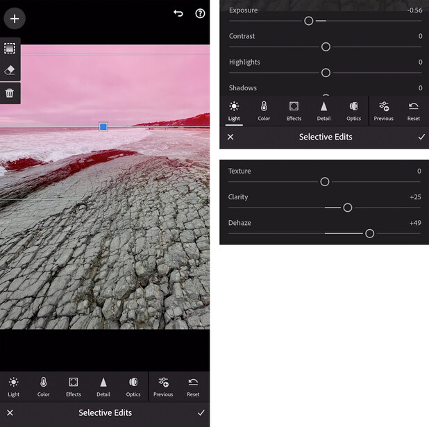 Screenshot of photo editing software showing selective editing controls and color adjustments.