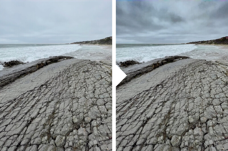 Side-by-side comparison of coastal landscape showing textured foreground and stormy seascape with different tonal treatments.