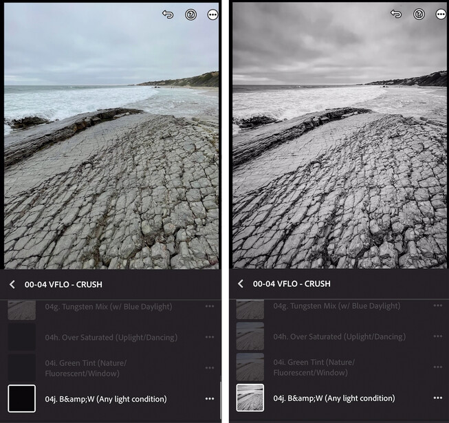 Rocky beach with textured sand formations under overcast sky, shown in two color-graded versions.