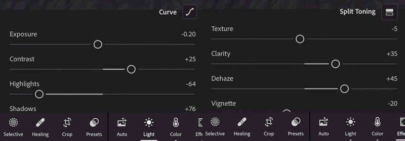 Screenshot of photo editing software showing exposure, contrast, highlights, and shadows adjustments on the left panel, with texture, clarity, dehaze, and vignette controls on the right.