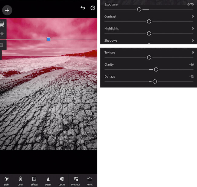 Screenshot of photo editing software showing a surreal landscape with pink sky and cracked earth texture, with adjustment panels visible on the right.