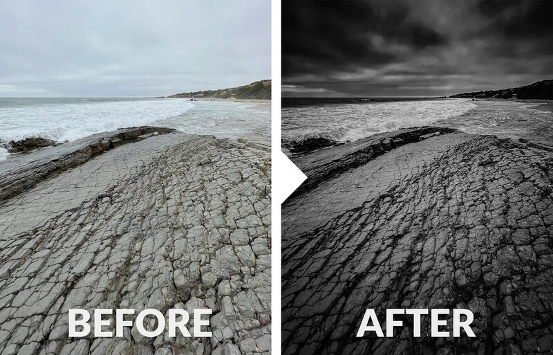 Side-by-side comparison of coastal rock formations with dramatic sky processing differences.