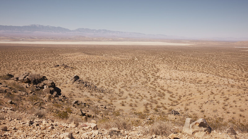 Vast arid desert landscape with sparse vegetation and distant mountains under clear sky.