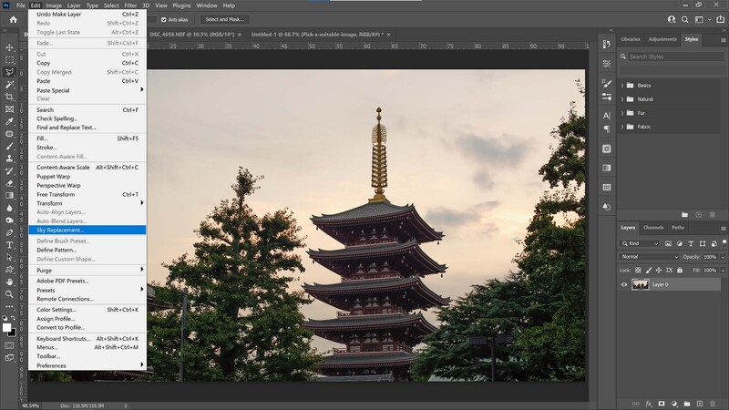 Start sky replacement in Photoshop