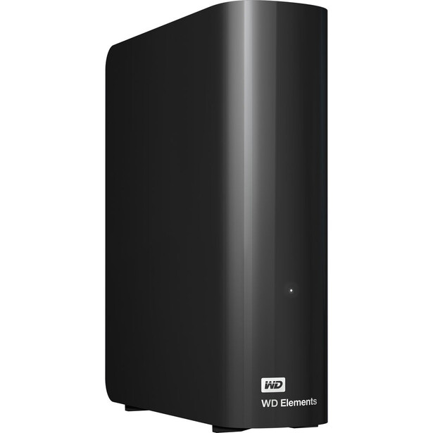WD Elements external hard drive with black cylindrical enclosure and branding label.