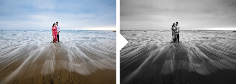 Couple standing in ocean waves, shown in color and black-and-white side-by-side comparison.
