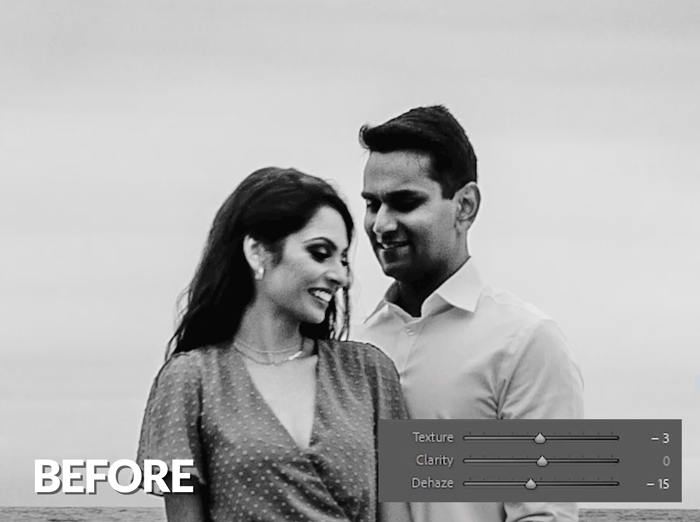 Screenshot showing editing interface with texture, clarity, and vibrance sliders positioned over black and white photograph of smiling couple.