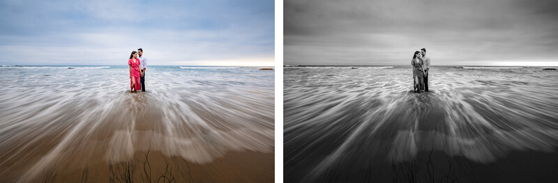 Couple standing in ocean waves, shown in color and black-and-white side-by-side comparison.
