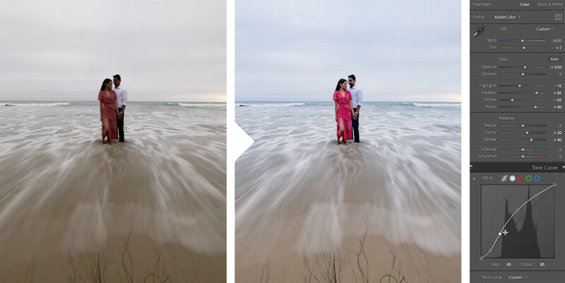 Before and after comparison of a couple in colorful clothing standing in ocean waves, demonstrating color grading and saturation adjustments.