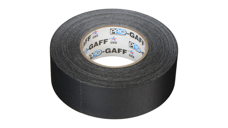Roll of black Pro-Gaff professional gaffer tape with tan core label visible.