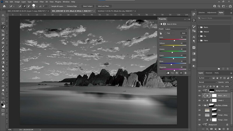 Black and white conversion on sky in photoshop