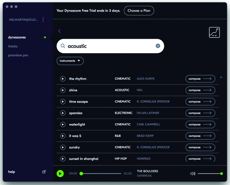 Screenshot of Dynasoars music streaming interface showing acoustic genre search results with playback controls.