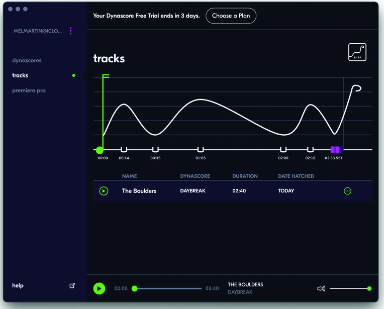 Screenshot of Dynomoss audio editing software showing waveform tracks with timeline markers and playback controls.