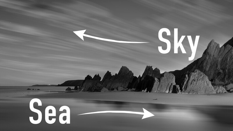Black and white coastal landscape with dramatic rocky cliffs, calm sea, and annotated sky and water with directional arrows.
