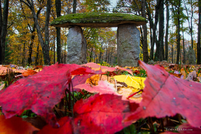Vibrant red autumn leaves in sharp foreground with stone monument structure and forest canopy in soft focus behind.