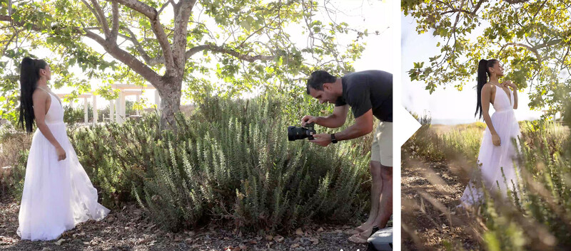 Photographer shooting a portrait of a woman in a white dress in a garden setting with natural light.