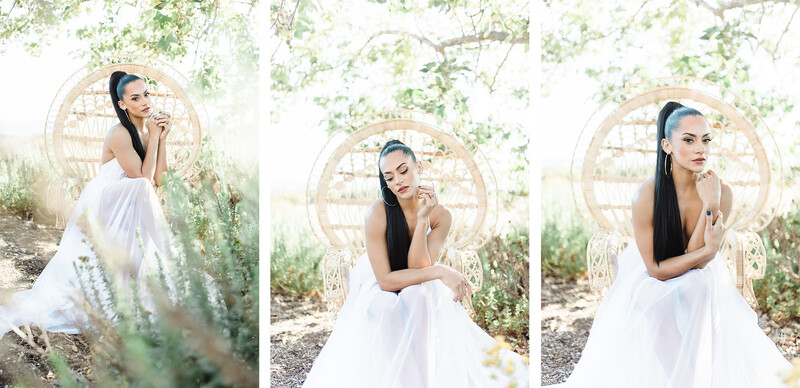 Woman in white dress posing by woven chair with hanging greenery in three variations.