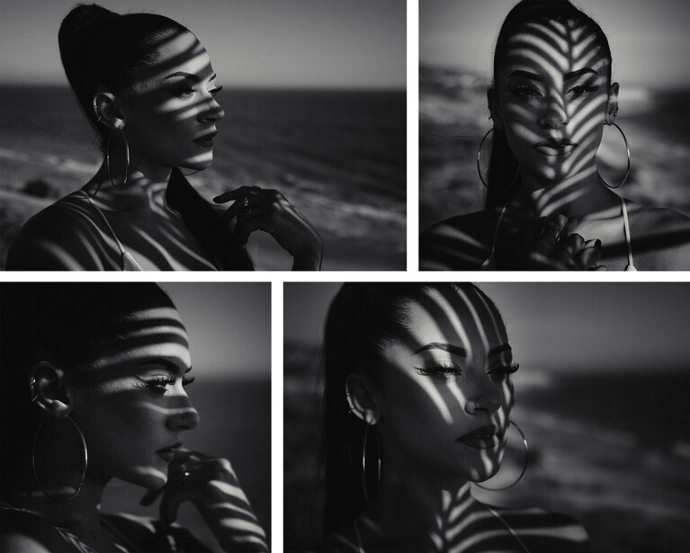 Four black and white portrait studies showing a person with geometric light patterns cast across their face and body.