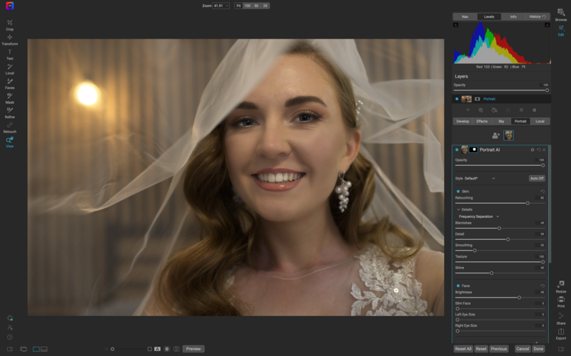 Portrait of a smiling woman wearing a white veil and lace wedding dress indoors.