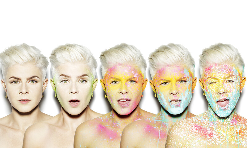 Portrait series showing progressive artistic face paint application from minimal to full colorful coverage.