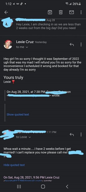 Screenshot of a text message conversation about photography feedback and client communication.