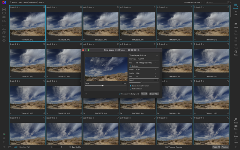 Screenshot of photo management software showing grid of landscape images with sky and desert terrain.