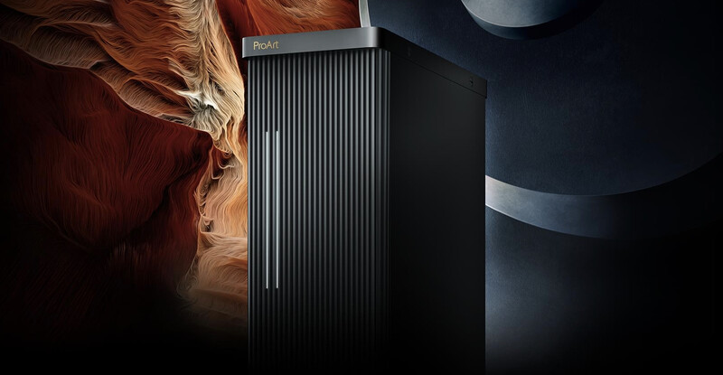 Black tower computer with vertical ribbed design against dark background with warm and cool lighting.